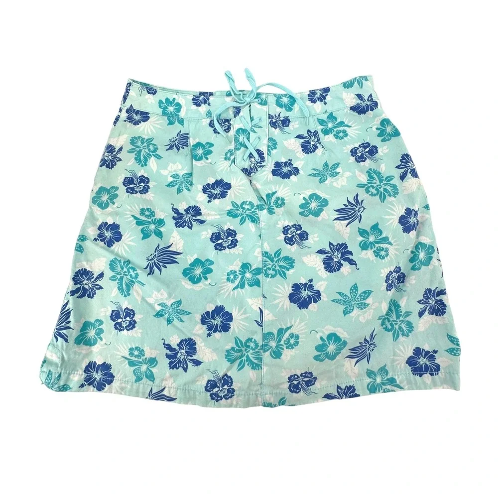 Liz Claiborne Floral Skort L Blue Denim Corset Back Tropical Casual Coastal - Picture 2 of 11
